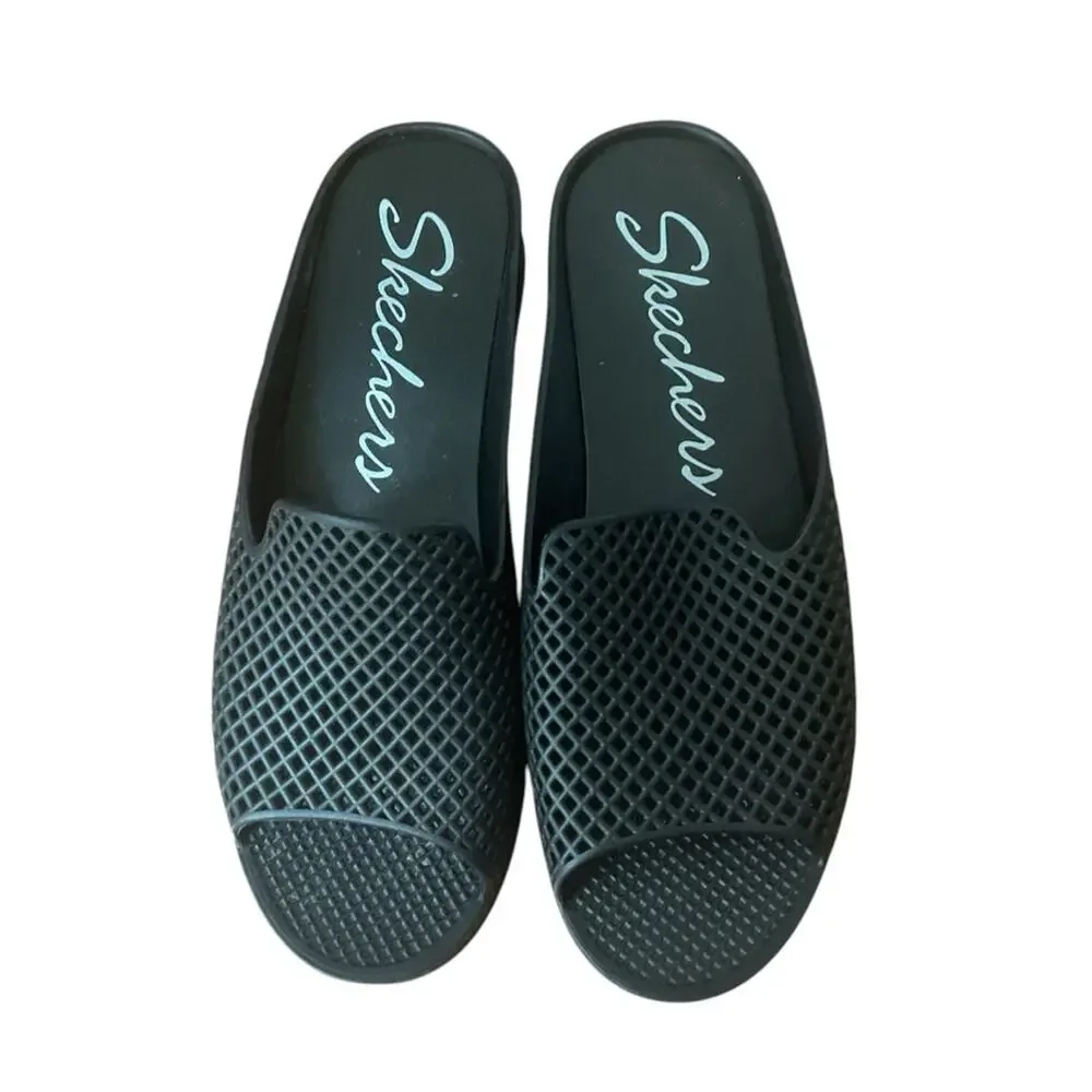 Skechers Cali Glitz Black‎ Open Toe Perforated Eyelet Slip On Wedge Sandal 9